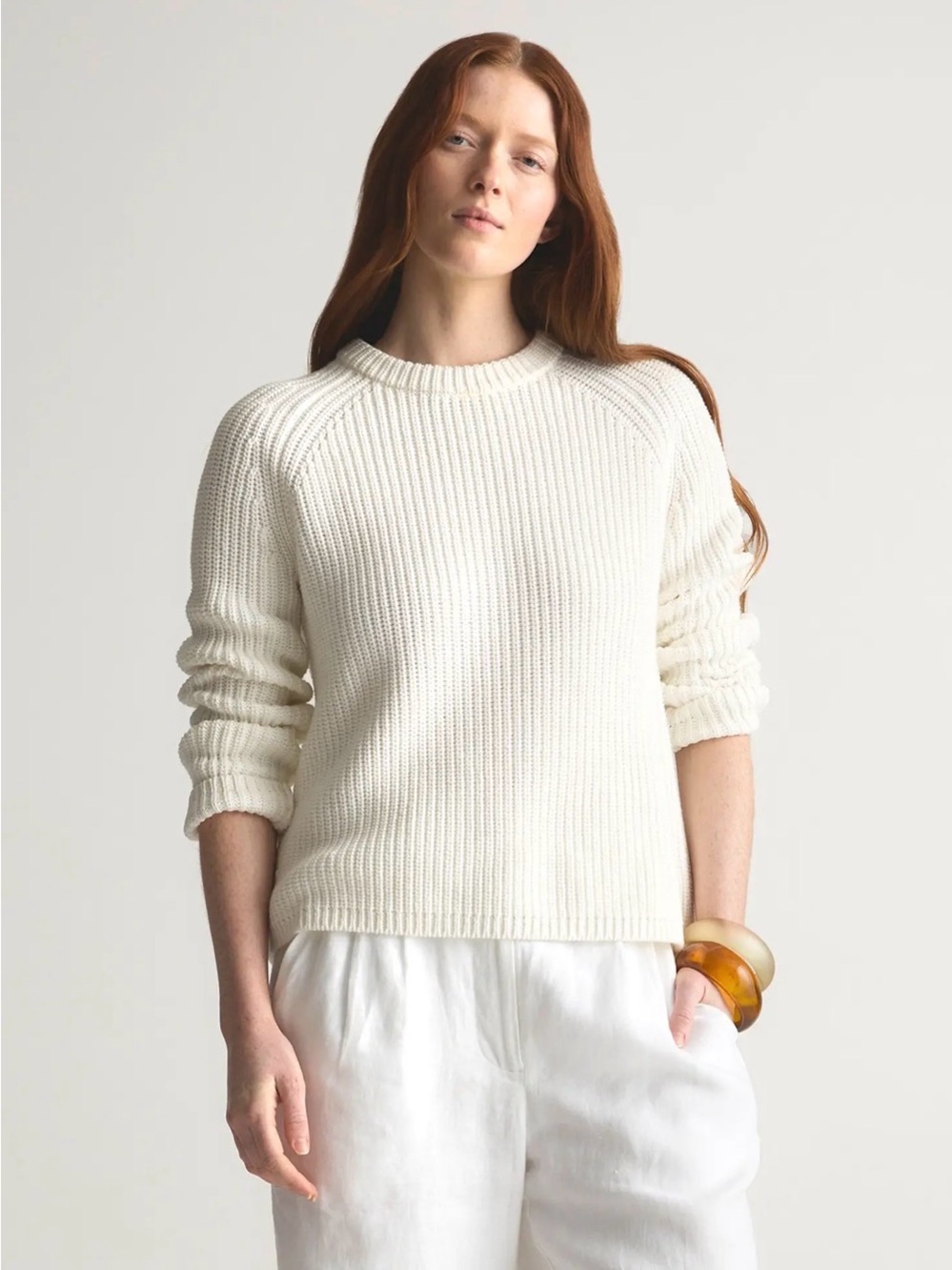 Quince Cream Ribbed Crewneck Sweater